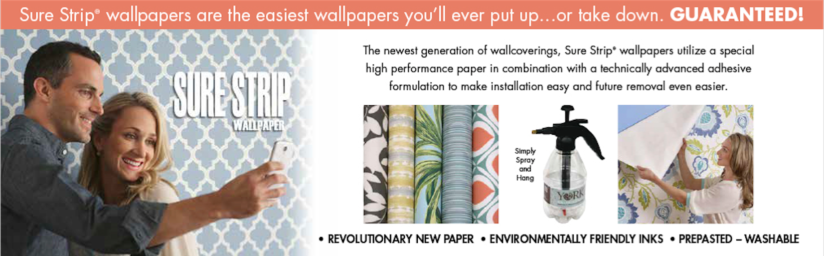 Sure Strip® Wallpaper is Prepasted, Washable, with Environmentally Friendly Inks